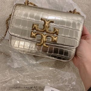 Eleanor Small Metallic Croc-Embossed Convertible Shoulder Bag CHAMPAGNE color